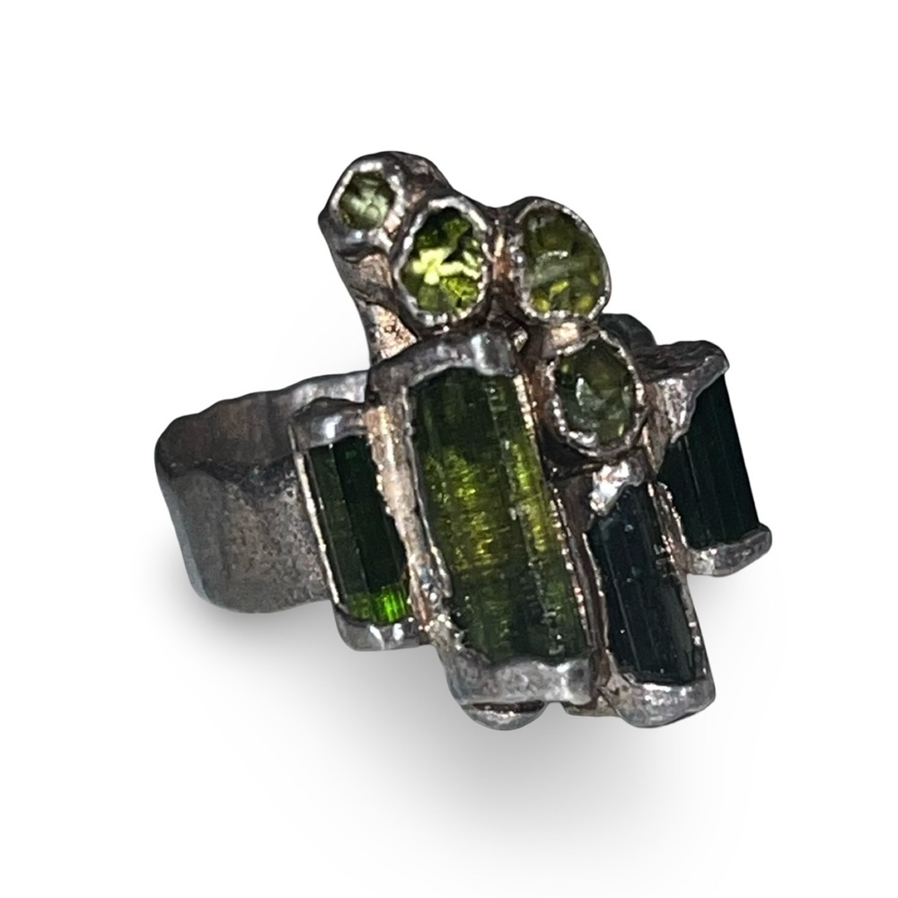 Vintage C+R 99% Silver Green Tourmaline Ring Size 6